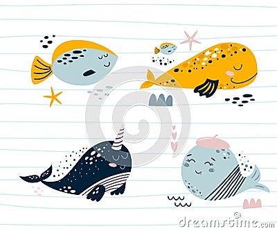Cute sea animal character set. Smiling whales, sea fish, narwhal. Baby kids nautical animals prints illustration Vector Illustration