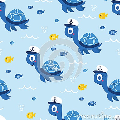 Cute sea animals of the deep fish and turtle Vector Illustration