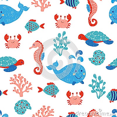 Cute sea animals seamless pattern Vector Illustration