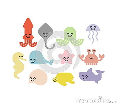 Cute sea animals set. Cartoon sea world animal. Stingray and jellyfish. Squid and octopus. Crab and Shark. Turtle and sea star Vector Illustration