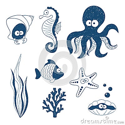 Cute Sea animals set. Doodle children drawings. Vector Illustration