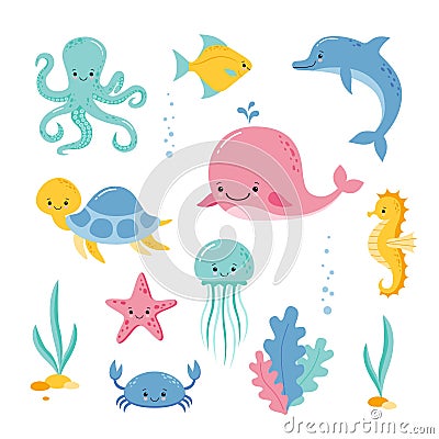 Cute sea creatures and animals vector icons isolated on white background. Kawaii style Vector Illustration