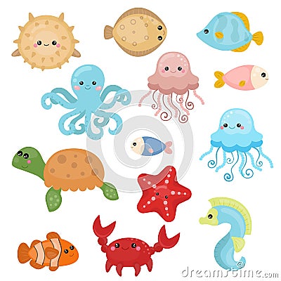 Cute sea creatures. Vector Illustration