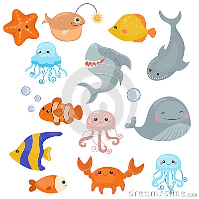 Cute sea creatures. Vector Illustration