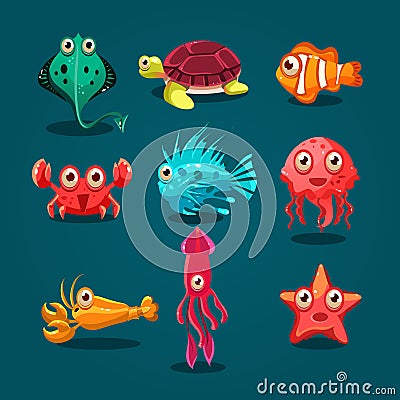 Cute Sea Life Creatures Cartoon Animals Set Vector Illustration