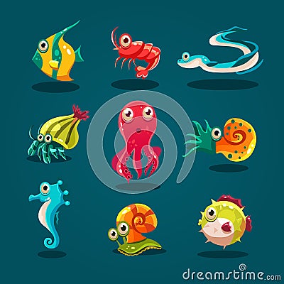 Cute Sea Life Creatures Cartoon Animals Set Vector Illustration