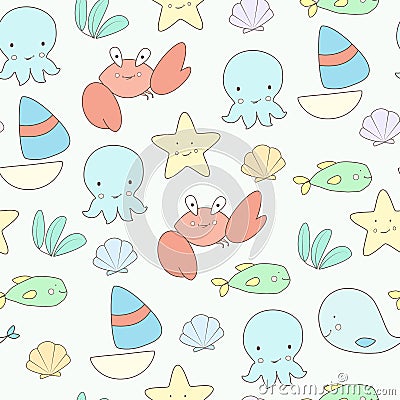 Cute sea life seamless vector background Vector Illustration