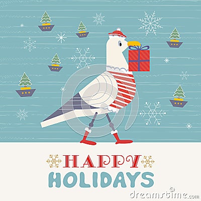 Cute seagull with Christmas gift box vector poster Vector Illustration