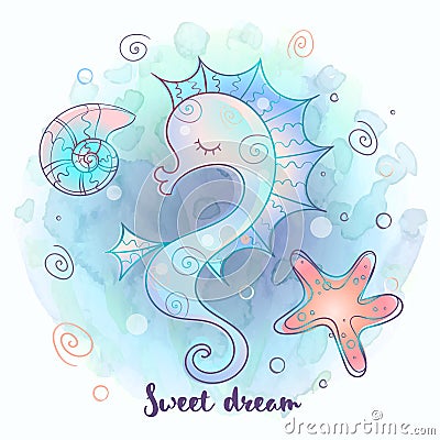 Cute seahorse sleeping sweetly. Sea world. Vector Stock Photo