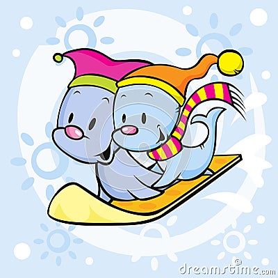 Cute seal on snowboard Vector Illustration