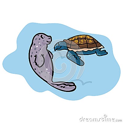 Cute seal and turtle clipart. Hand drawn ocean life Stock Photo