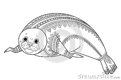 Cute seal Zentangle vector. Phoca Zen Tangle. Wild animals coloring book for adult. Vector Illustration