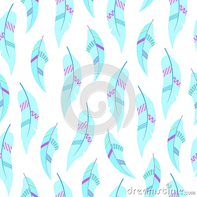 Cute seamless background with blue feathers. Vector Illustration