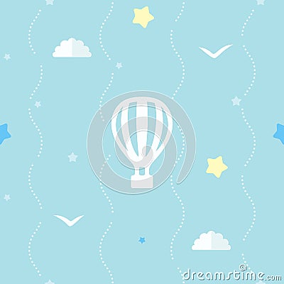 Cute seamless background with hot air balloon, stars, clouds and flying birds. Blue pattern with dotted stripes. Vector Illustration