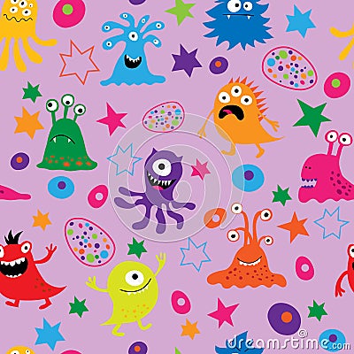 Cute seamless background with monsters and patterns Vector Illustration