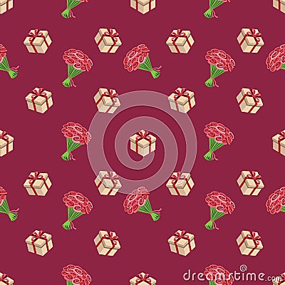 Cute seamless background patterns with flowers and gift boxes Vector Illustration