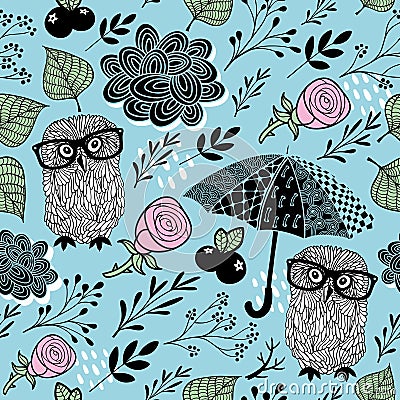 Cute seamless background with smart owls and umbrellas. Vector Illustration