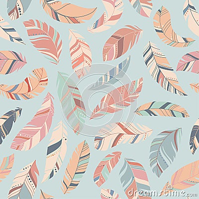 Cute seamless background vintage colored feathers. Vector Illustration