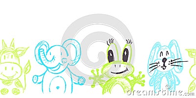 Cute seamless border. Drawings with wax crayons. Design for paper, fabric, interior decor and other use Vector Illustration