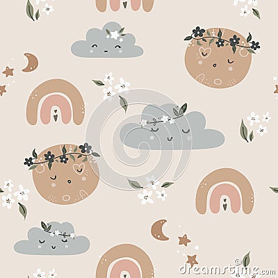 Cute seamless childish simple pattern for kids with cute moons and stars in Scandinavian style. Baby pattern with night Vector Illustration