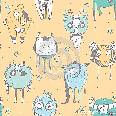 Cute seamless doodle pattern with lovely hand drawn monsters, dots and stars on yellow background. Vector illustration with alien Cartoon Illustration