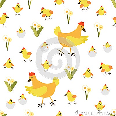 Cute seamless easter vector pattern with chiken and egg Vector Illustration