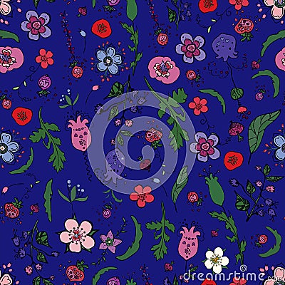 Cute seamless floral pattern with berries, herbs and flowers in doodling style. Vector Illustration