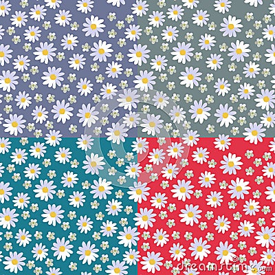 Cute seamless floral pattern with daisies and yarrow flowers on different bright backgrounds Vector Illustration