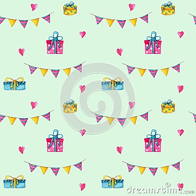 Cute seamless happy birthday pattern with hearts, gift boxes and flags on a rope on a green background Stock Photo