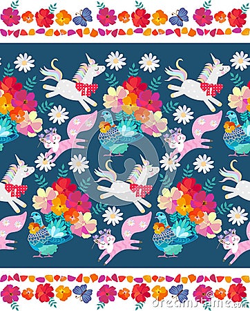 Cute seamless horizontal pattern with fantasy animals and birds and decorative floral frame. Unicorn, little fox and pigeon Vector Illustration