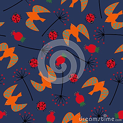 Cute seamless nature pattern with birdie, ladybug, rose hip, dandelion. Summer botanical illustration. Natural decorative backgrou Vector Illustration