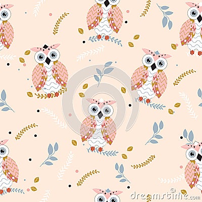 Cute seamless owls and flowers pattern. Vector Illustration