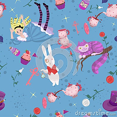 Cute seamless pattern Alice in wonderland. Vector graphics Stock Photo