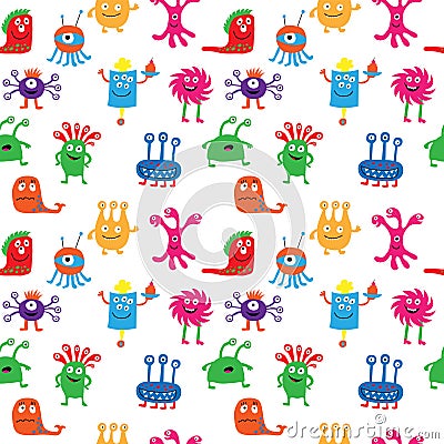 Cute seamless pattern with aliens on a white background Vector Illustration