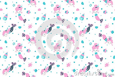 Cute seamless pattern of amazing lovely girls mermaids with bubbles, seashells, fishes and starfish. Cartoon magical underwater wo Vector Illustration