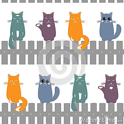 Cute seamless pattern background with cats seating on the fence. Vector illustration Vector Illustration