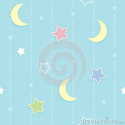 Cute seamless pattern background with colorful dotted and outlined stars and crescent moon. Vector Illustration