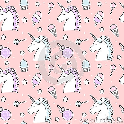 Cute seamless pattern background illustration with unicorn, candy, lollipop, ice cream, stars and cupcake Vector Illustration