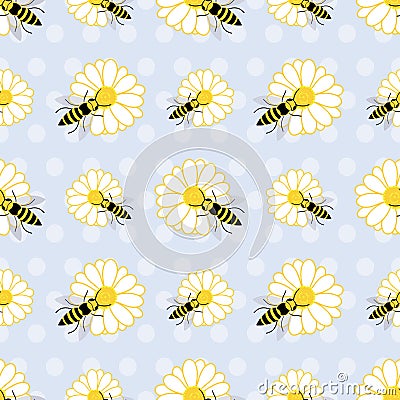Cute seamless pattern with bees and daisy flowers on purple polka dots background Vector Illustration