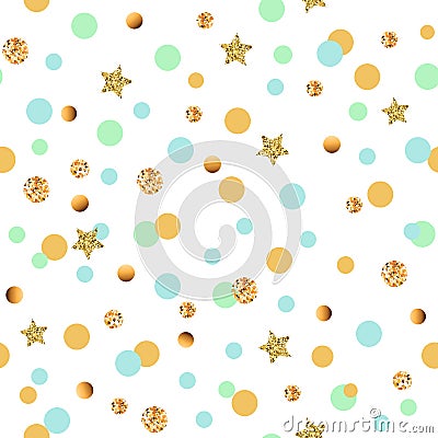 Cute seamless pattern with blue, mint and golden circles and stars. Vector Illustration