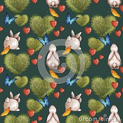 Cute seamless pattern with bunnies and a bush in the shape of a heart. Summer bright with colorful butterflies. Stock Photo