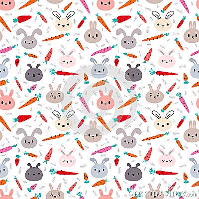 Cute seamless pattern with bunnies and carrots. Hand drawn background with rabbits. Nursery style Vector Illustration