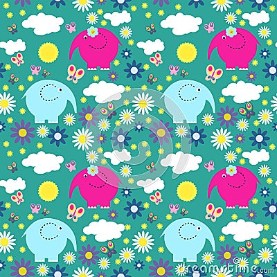 Cute seamless pattern with butterflies and elephants Vector Illustration