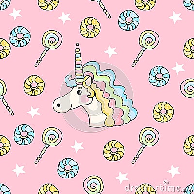 Cute seamless pattern with candy, stars, donuts and unicorn. Vector Illustration