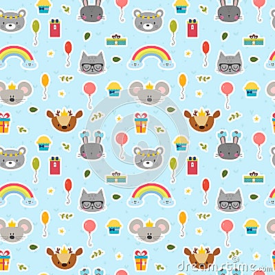 Cute seamless pattern with cartoon animals. Happy Birthday theme. Sweet background for children Vector Illustration