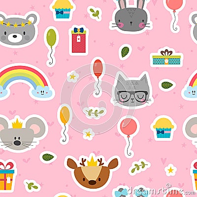 Cute seamless pattern with cartoon animals. Sweet background for children. Happy Birthday theme Vector Illustration