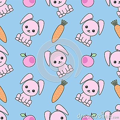 Cute seamless pattern with cartoon funny rabbits. Childish background. Vector kawaii illustration. Vector Illustration