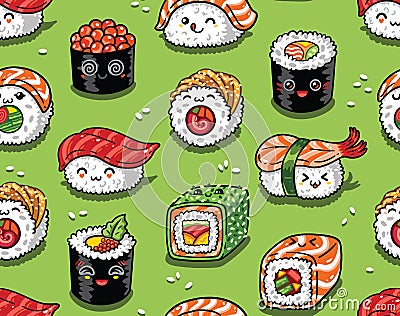 Sushi and sashimi seamless pattern in kawaii style. Vector illustration Vector Illustration