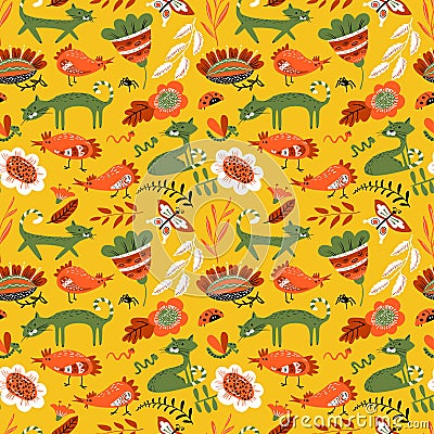 Cute seamless pattern with cat and chiken. Floral summer background with farm animals and insects. Vector Illustration