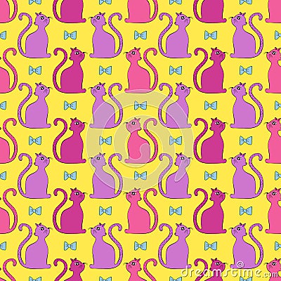 Cute seamless pattern with cats and bows. Vector Illustration